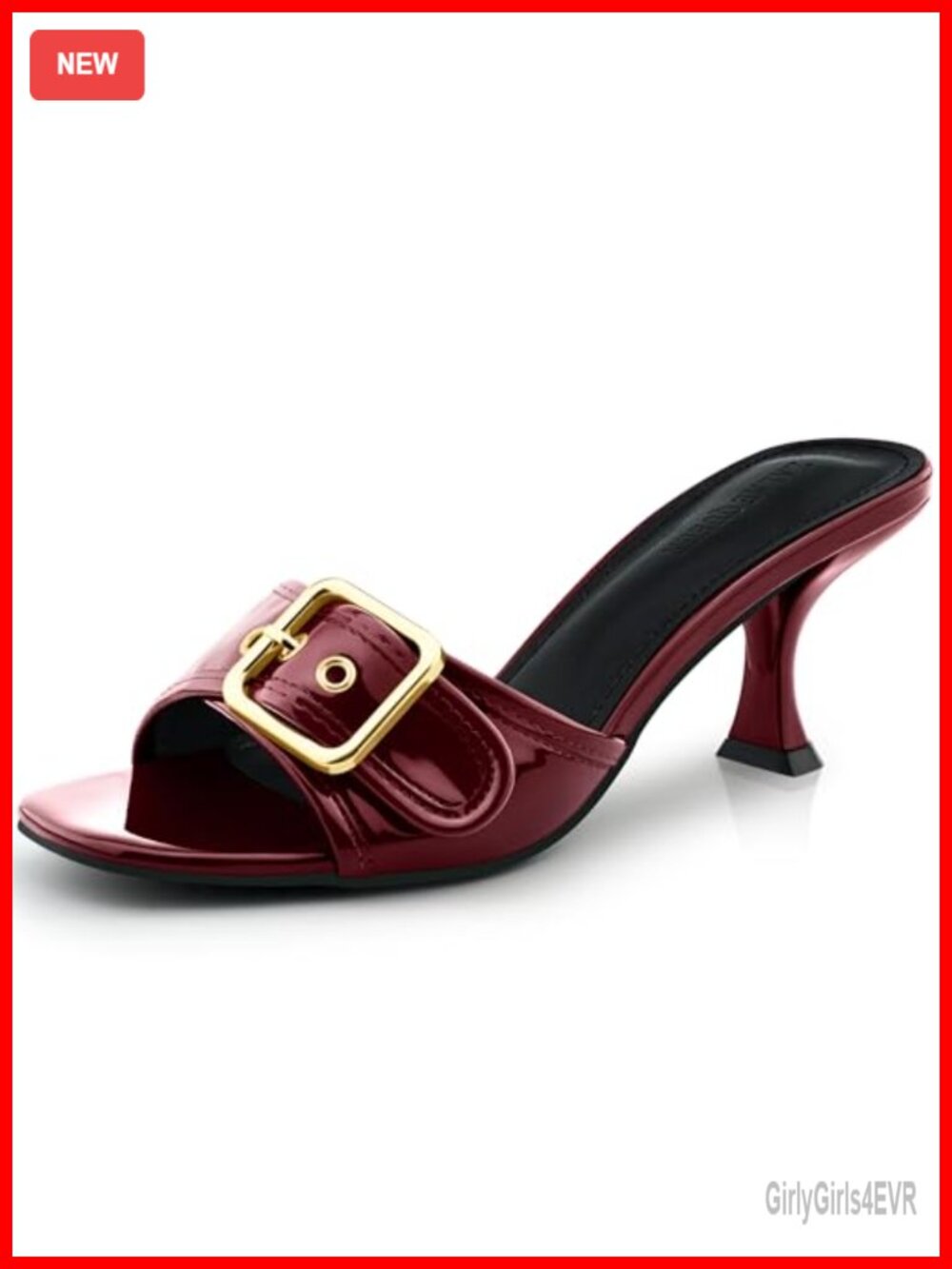 Kitten Heel Square Open Toe Slip On Buckle Mule Sandals Faux Leather